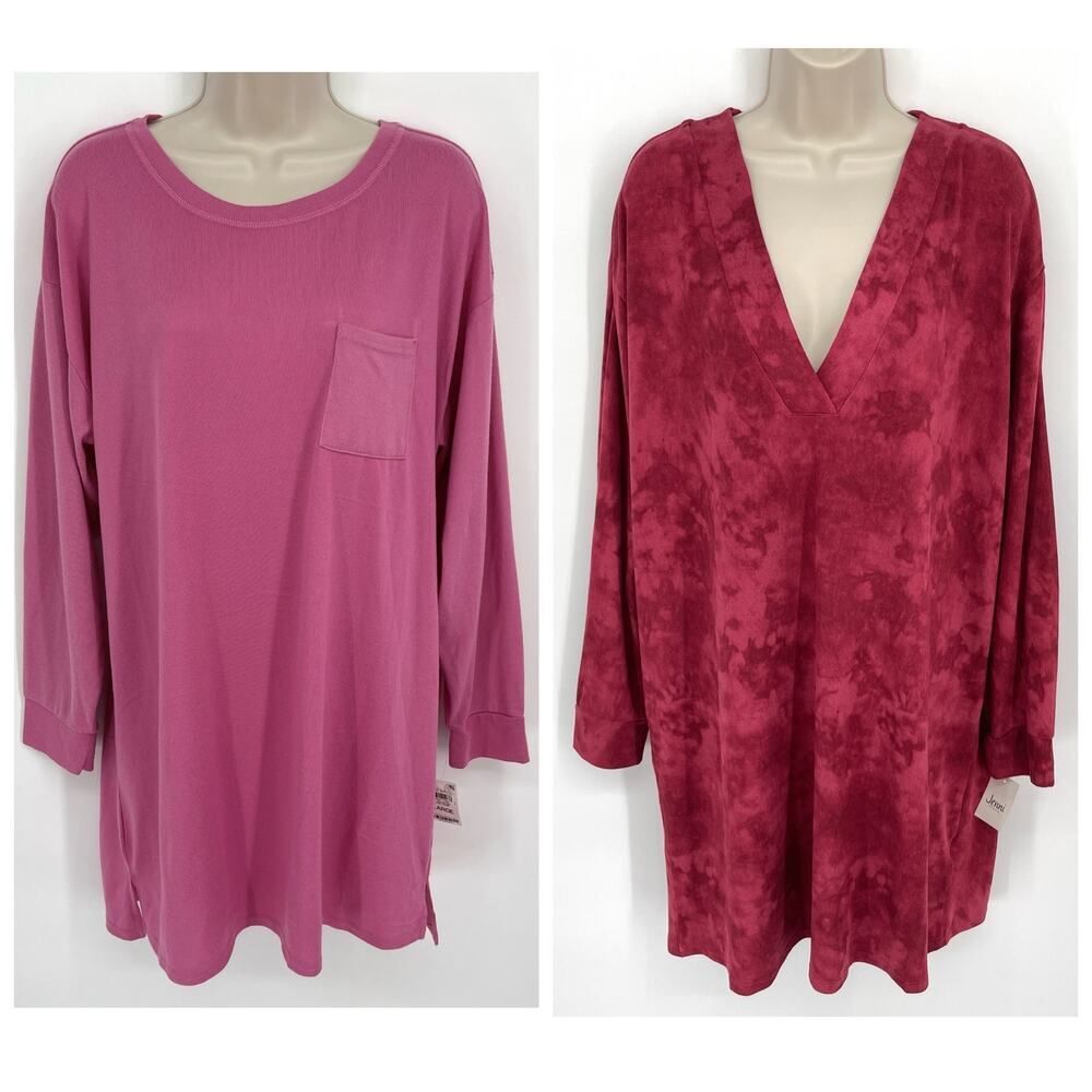 Jenni NWT Women's 2 Pack Bundle Sleep Shirts Size L Plum Tart Tiedye, Pink Tease